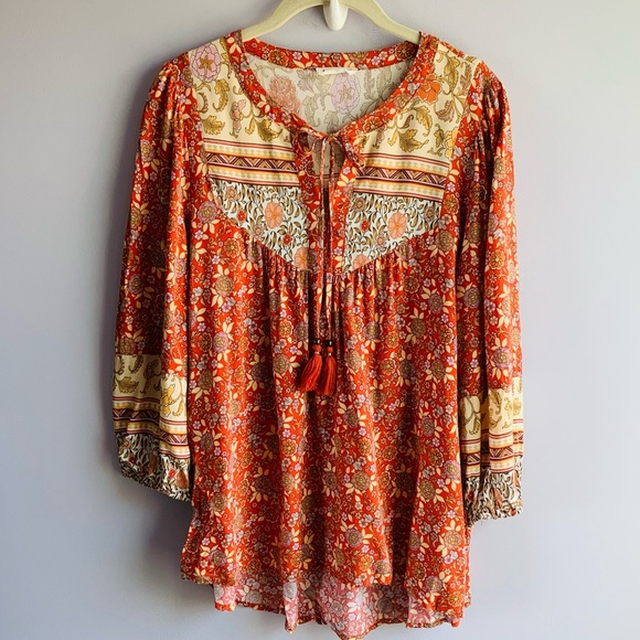 Jane & Delancey Peasant Blouse Burnt Orange Floral Paisley Boho Tassels Small - Picture 1 of 7